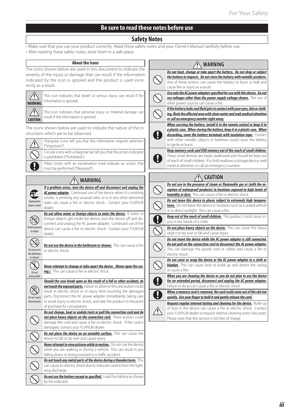 For your safety, Warning warning, Caution caution | FujiFilm FinePix Real 3D V3 User Manual | Page 3 / 36