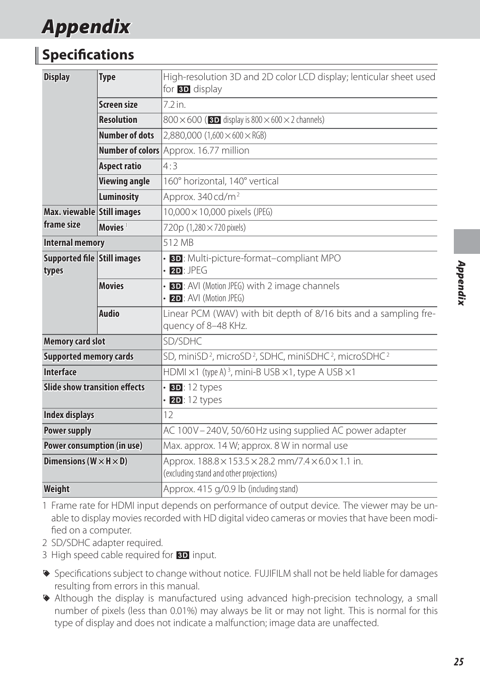 Appendix, Specifi cations | FujiFilm FinePix Real 3D V3 User Manual | Page 31 / 36