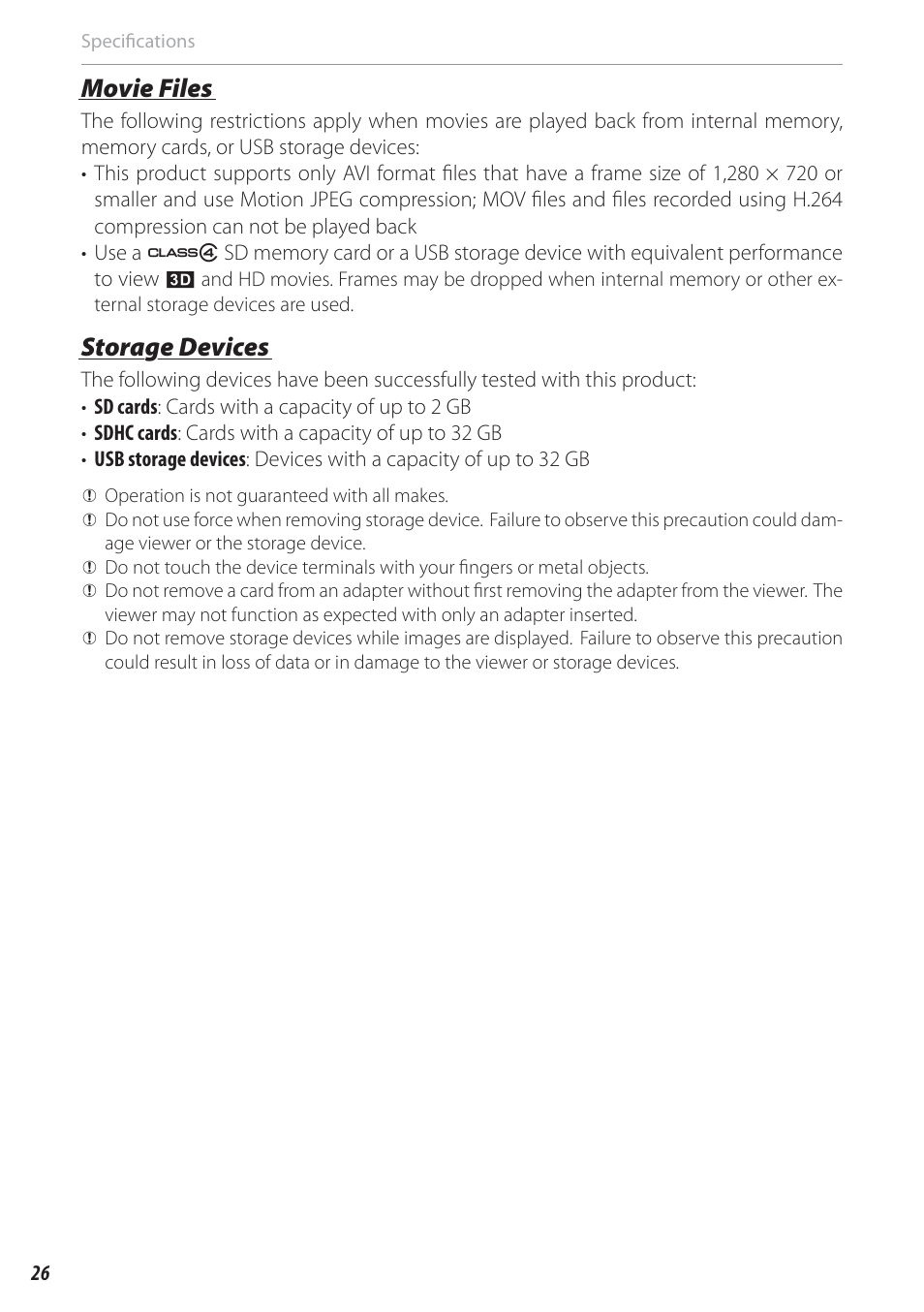 Movie files, Storage devices | FujiFilm FinePix Real 3D V3 User Manual | Page 32 / 36