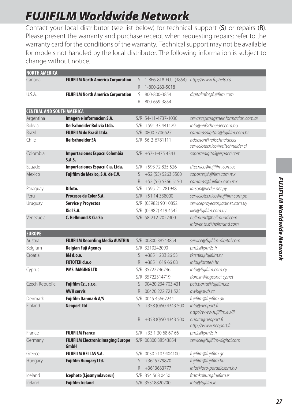 Fujifilm worldwide network | FujiFilm FinePix Real 3D V3 User Manual | Page 33 / 36