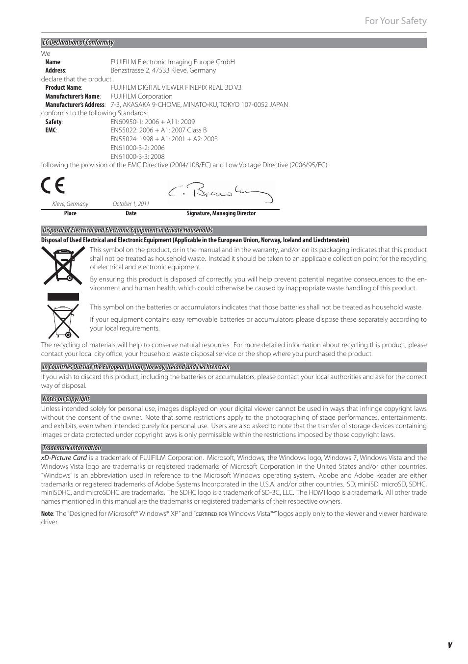 For your safety | FujiFilm FinePix Real 3D V3 User Manual | Page 5 / 36