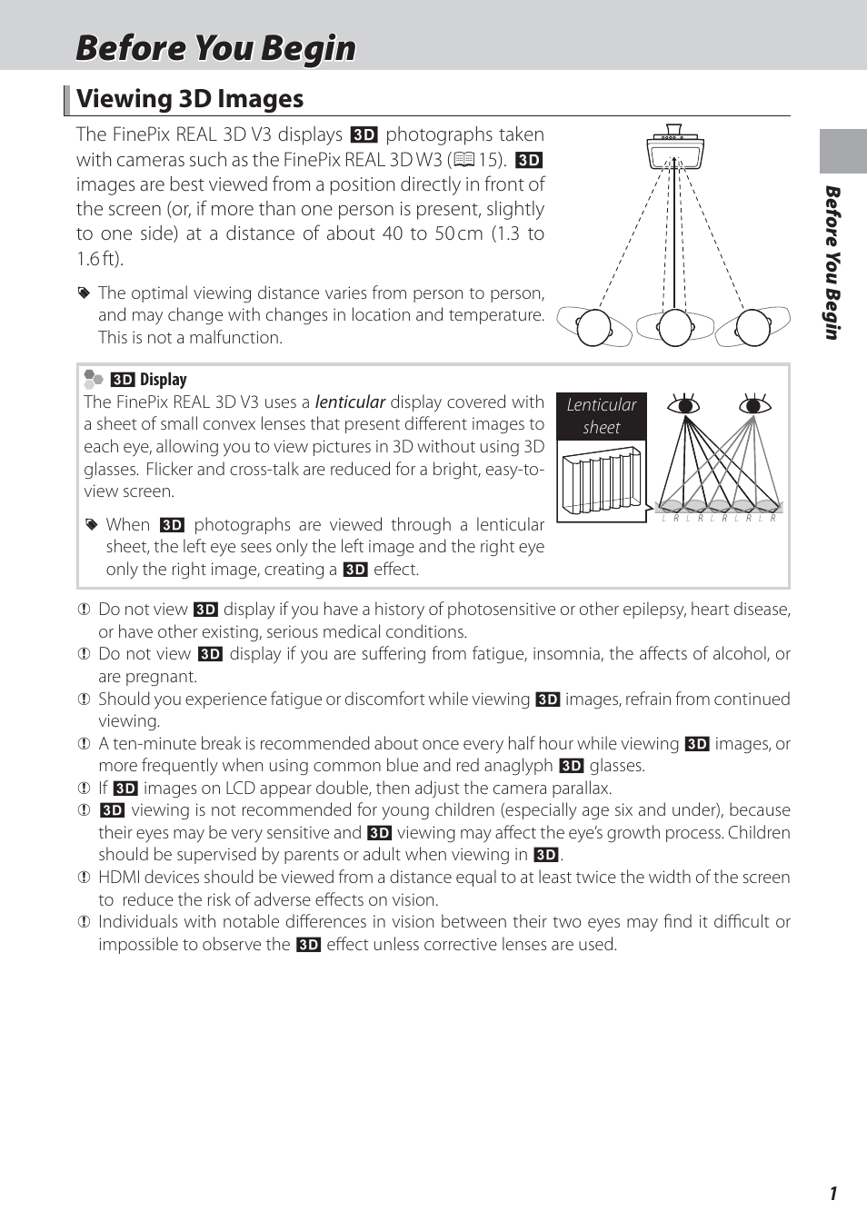 Before you begin, Viewing 3d images | FujiFilm FinePix Real 3D V3 User Manual | Page 7 / 36