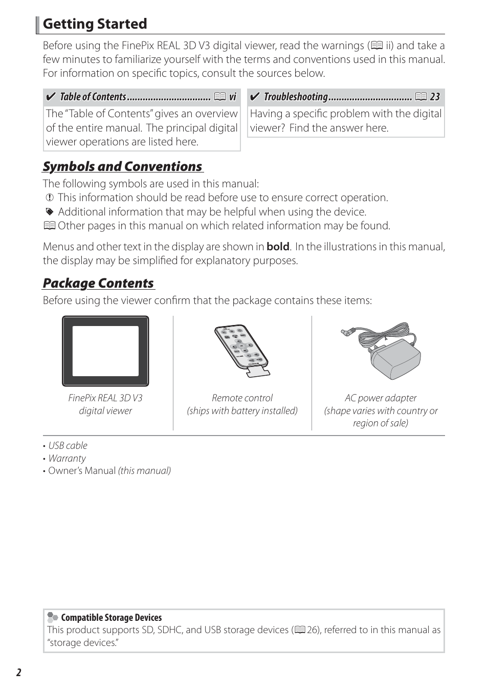 Getting started, Symbols and conventions, Package contents | FujiFilm FinePix Real 3D V3 User Manual | Page 8 / 36