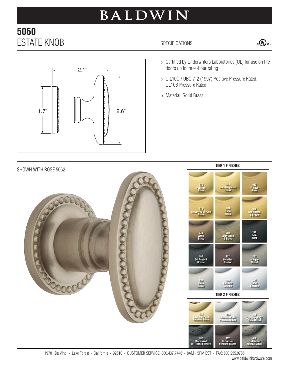 Baldwin 5060 Estate Knob User Manual | 1 page