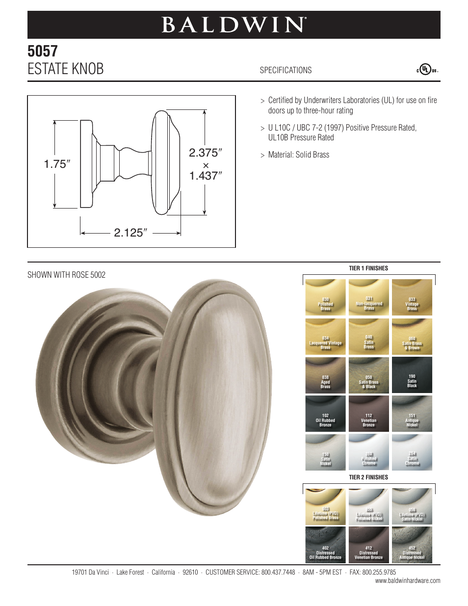 Baldwin 5057 Estate Knob User Manual | 1 page