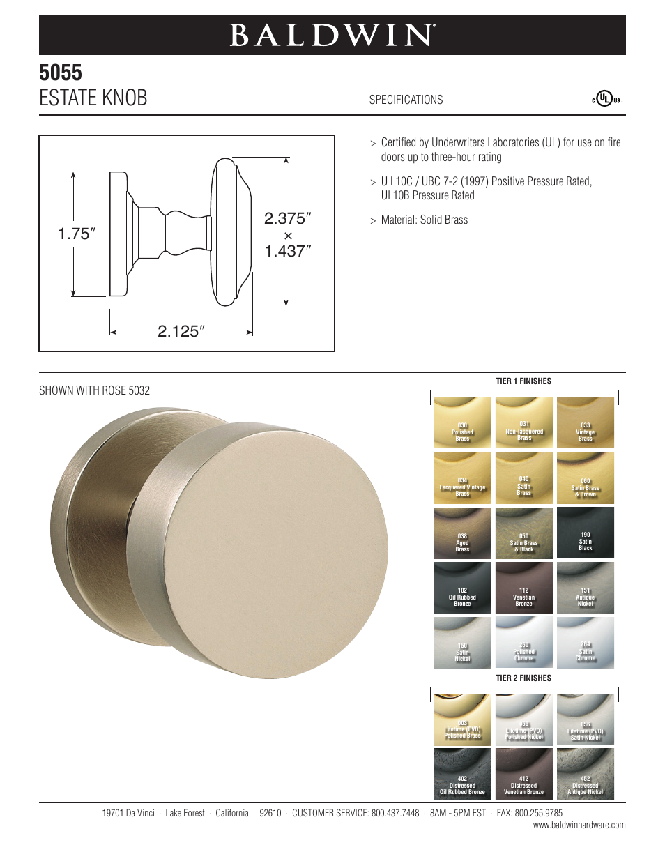 Baldwin 5055 Estate Knob User Manual | 1 page