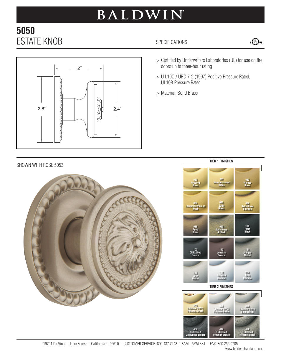 Baldwin 5050 Estate Knob User Manual | 1 page