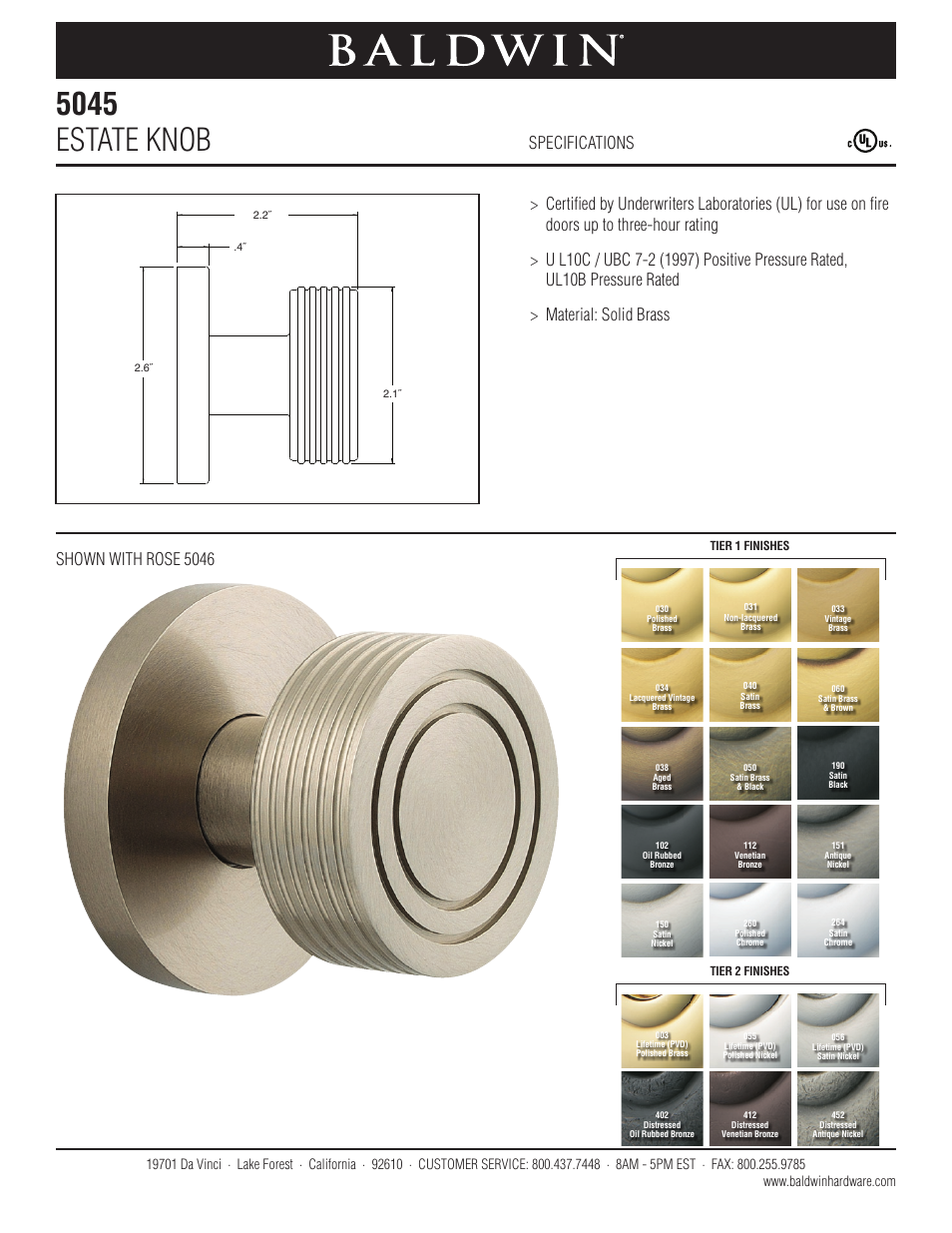 Baldwin 5045 Estate Knob User Manual | 1 page