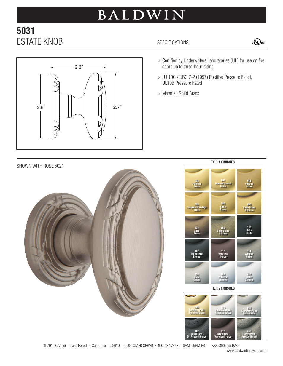 Baldwin 5031 Estate Knob User Manual | 1 page