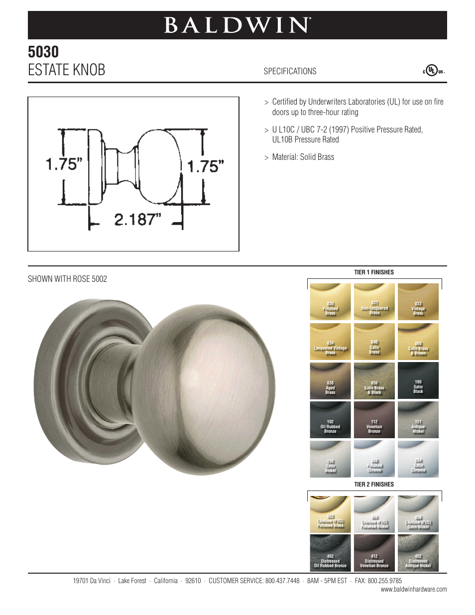 Baldwin 5030 Estate Knob User Manual | 1 page