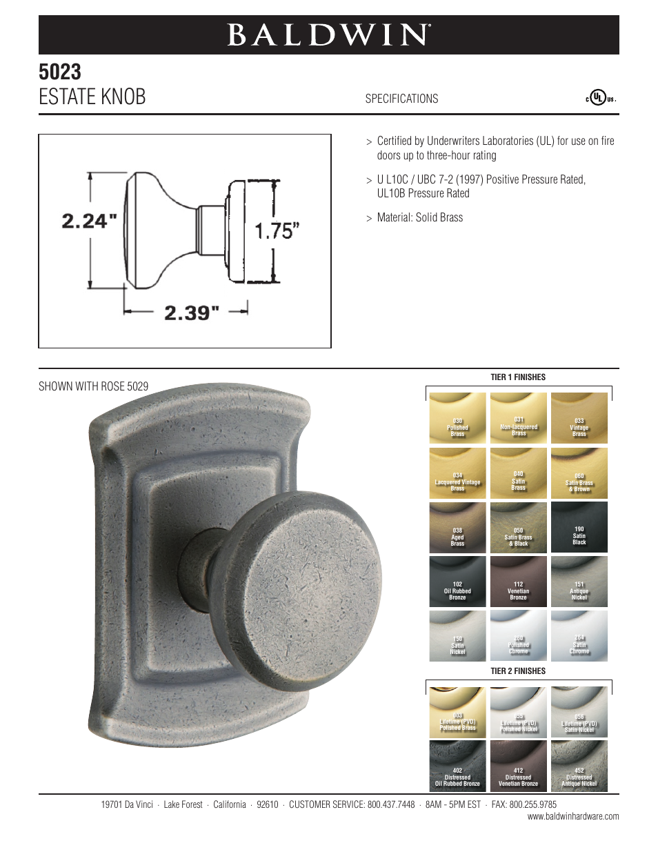 Baldwin 5023 Estate Knob User Manual | 1 page