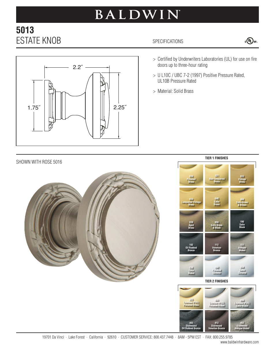 Baldwin 5013 Estate Knob User Manual | 1 page
