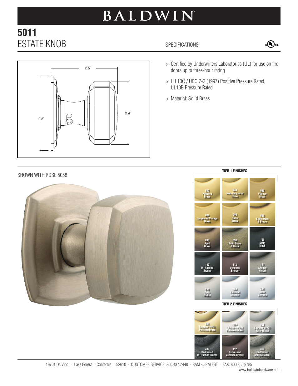 Baldwin 5011 Estate Knob User Manual | 1 page