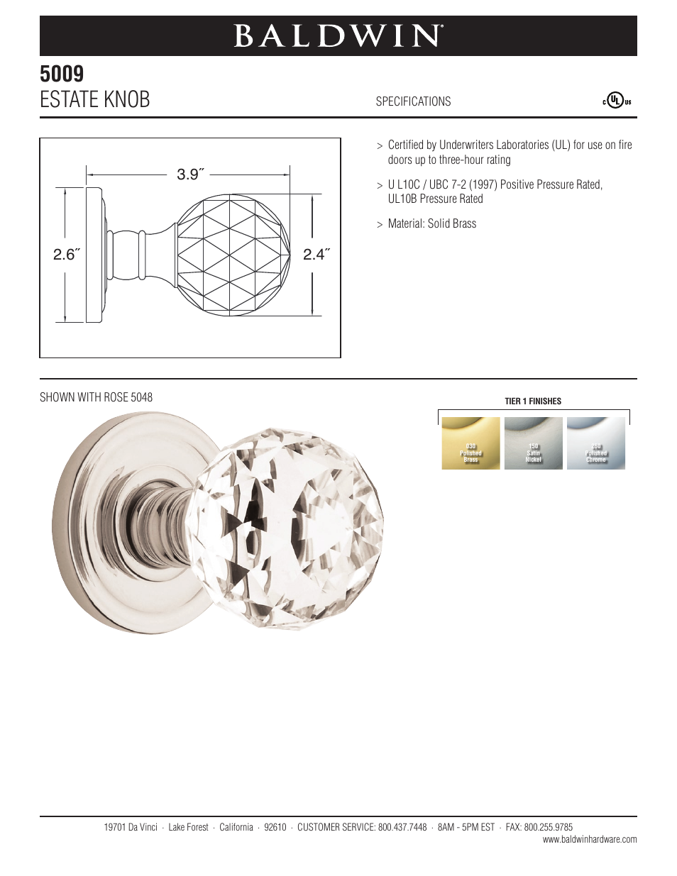 Baldwin 5009 Estate Knob User Manual | 1 page