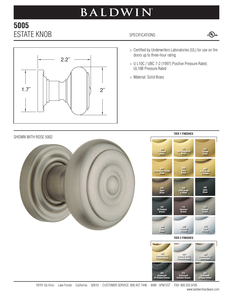 Baldwin 5005 Estate Knob User Manual | 1 page