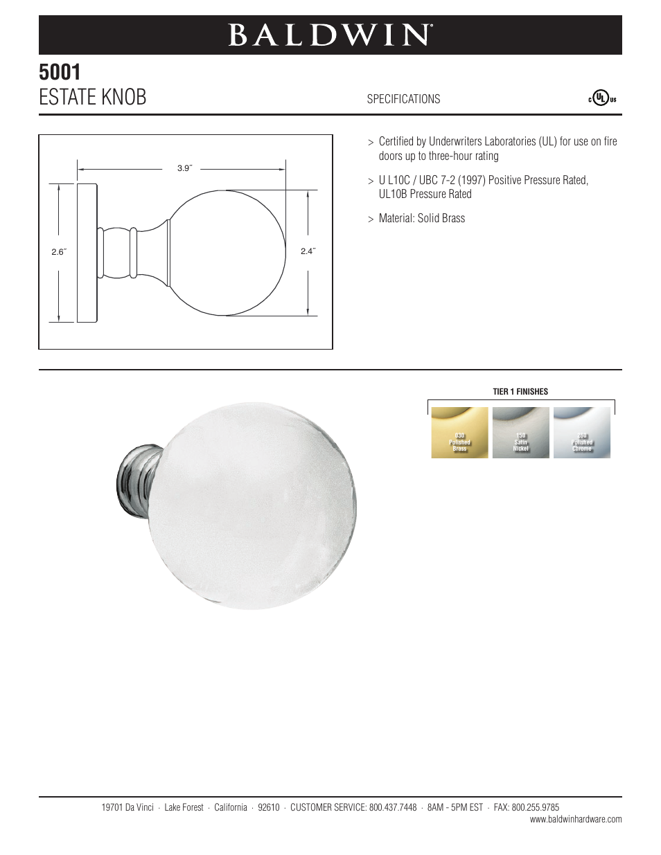 Baldwin 5001 Estate Knob User Manual | 1 page