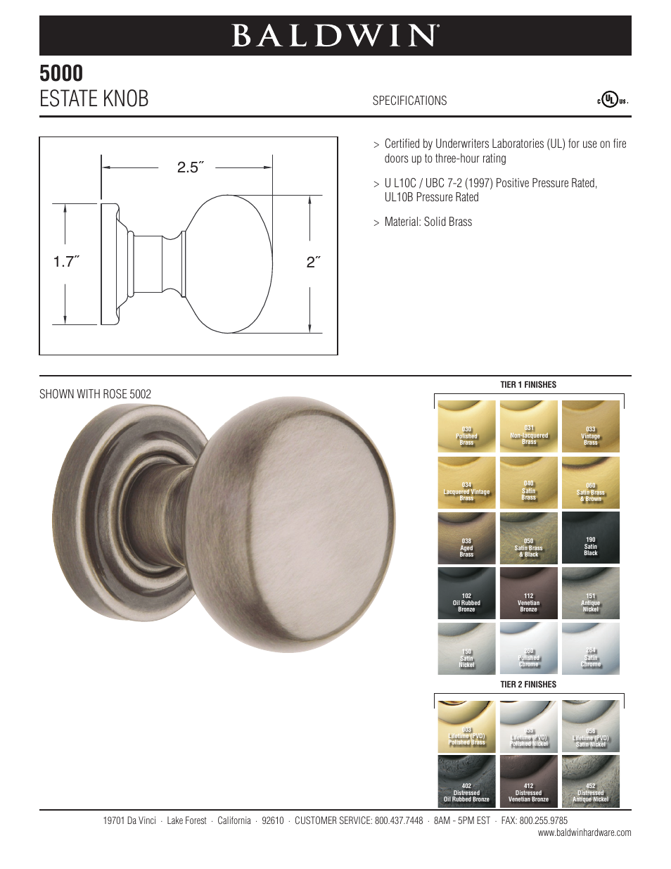 Baldwin 5000 Estate Knob User Manual | 1 page