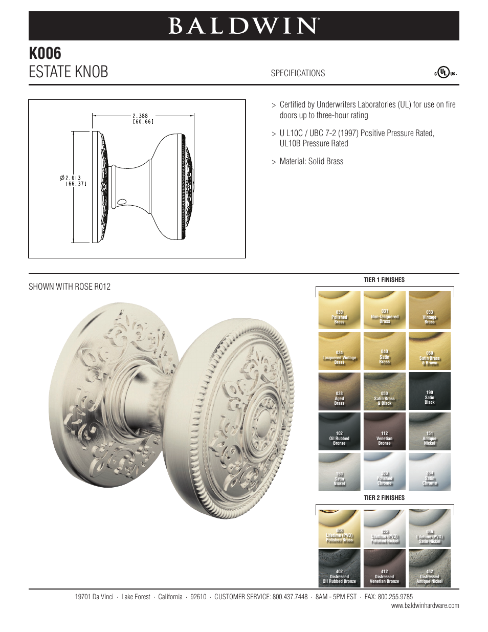 Baldwin K006 Estate Knob User Manual | 1 page