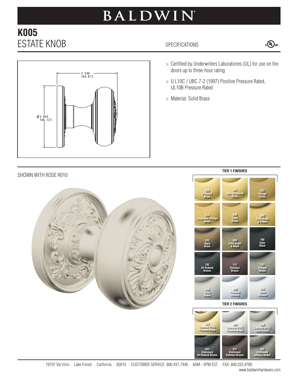 Baldwin K005 Estate Knob User Manual | 1 page