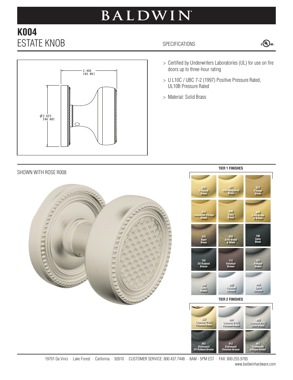 Baldwin K004 Estate Knob User Manual | 1 page