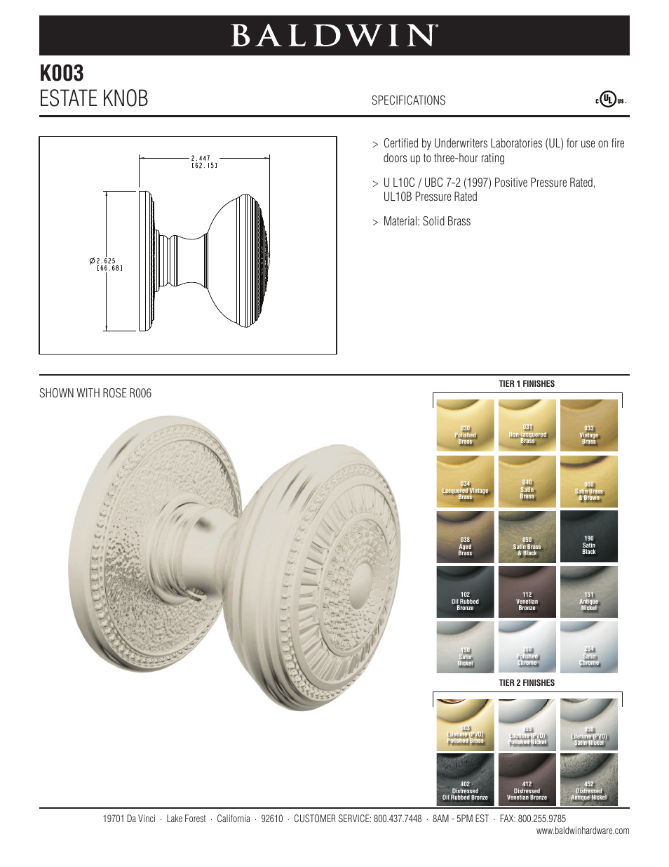 Baldwin K003 Estate Knob User Manual | 1 page