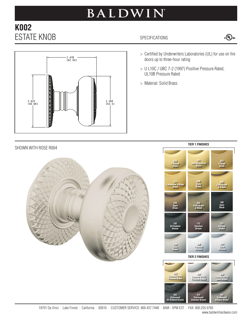 Baldwin K002 Estate Knob User Manual | 1 page