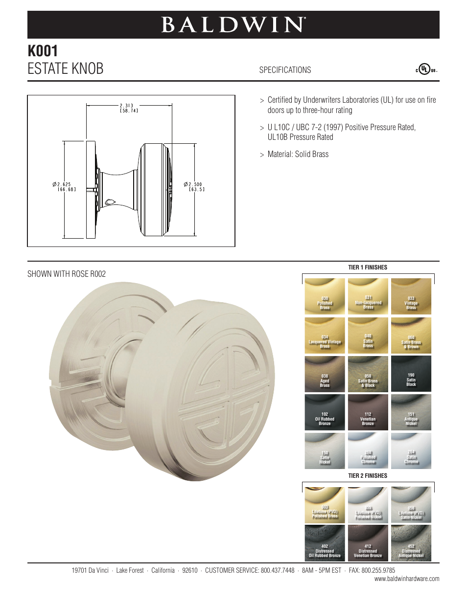 Baldwin K001 Estate Knob User Manual | 1 page