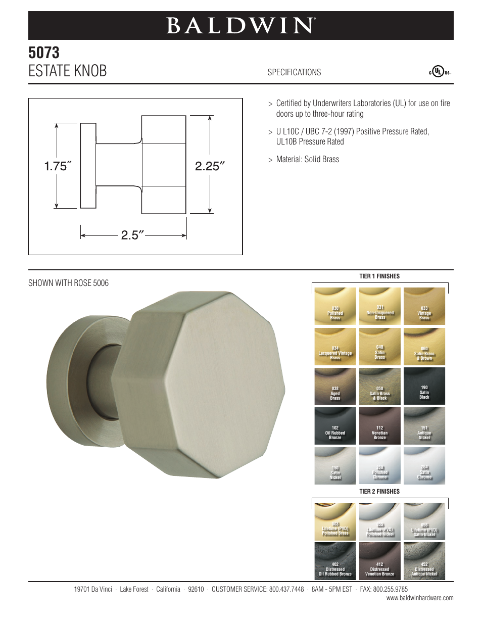 Baldwin 5073 Estate Knob User Manual | 1 page