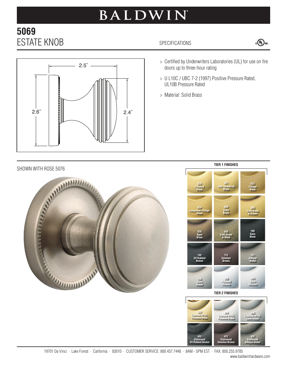 Baldwin 5069 Estate Knob User Manual | 1 page