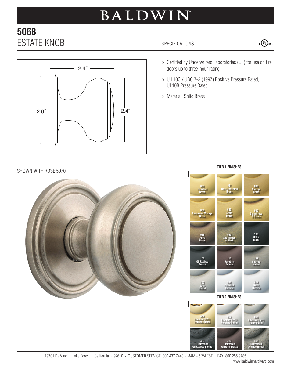 Baldwin 5068 Estate Knob User Manual | 1 page