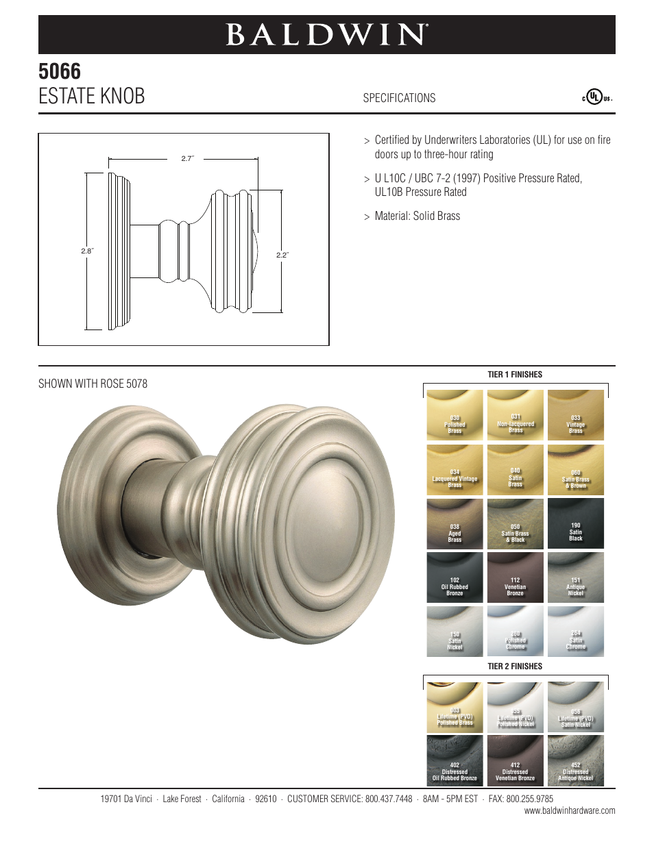 Baldwin 5066 Estate Knob User Manual | 1 page