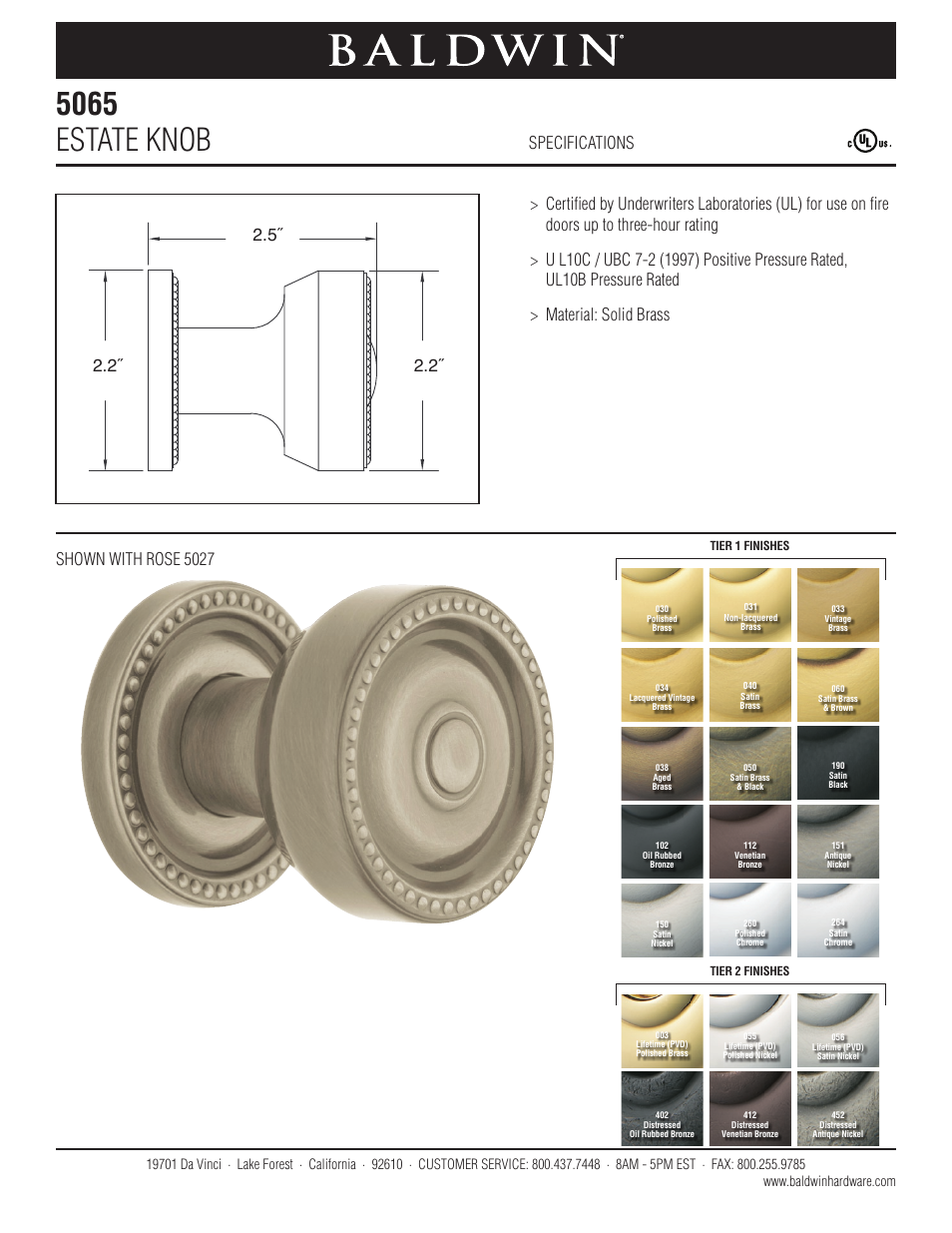 Baldwin 5065 Estate Knob User Manual | 1 page