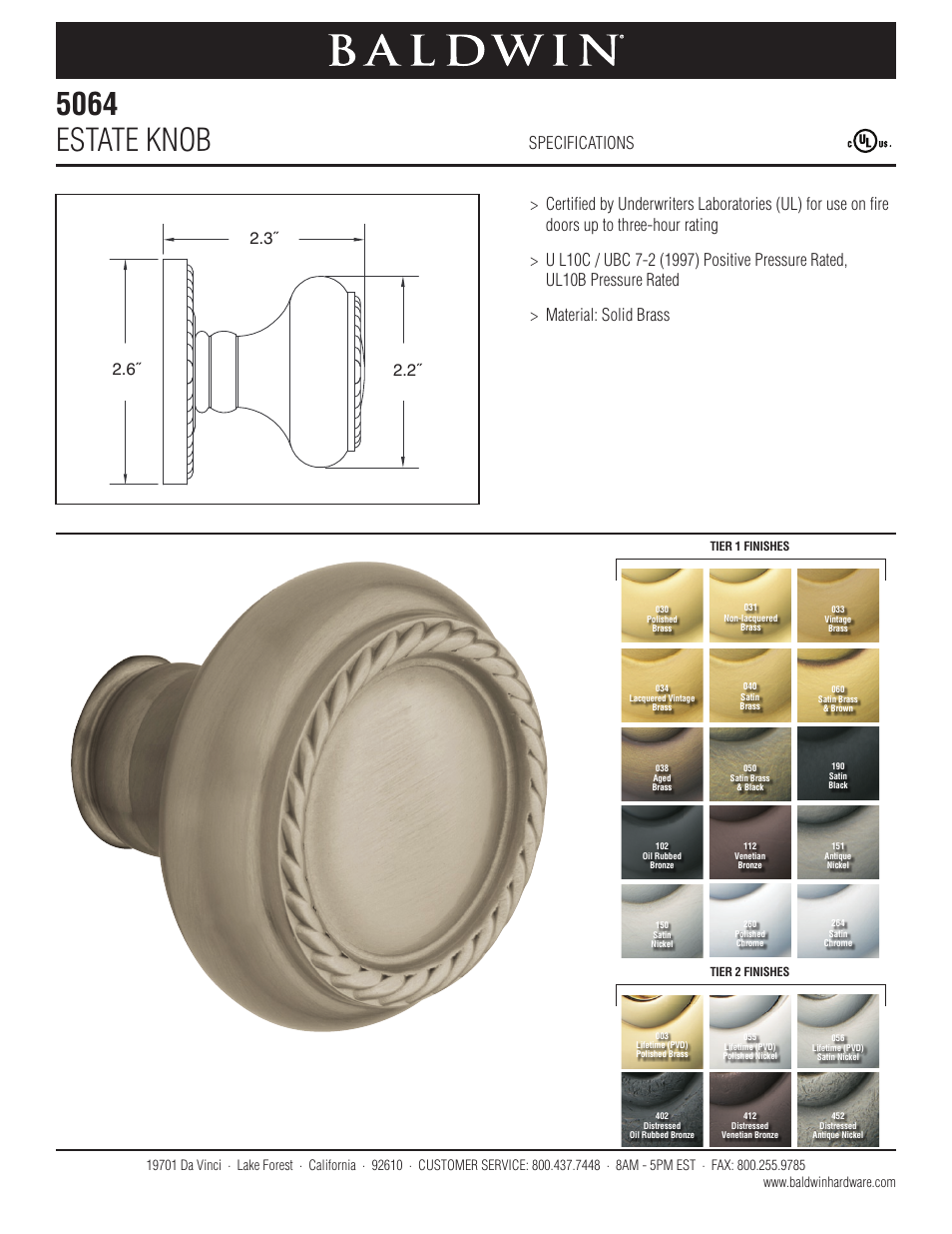 Baldwin 5064 Estate Knob User Manual | 1 page