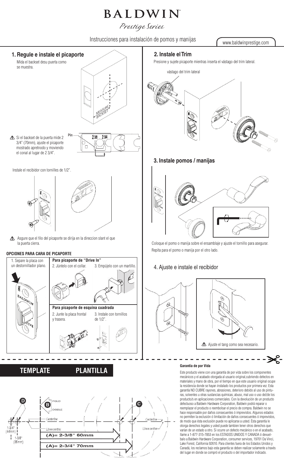 Prestige series, Template plantilla, Regule e instale el picaporte | Ajuste e instale el recibidor, Instale pomos / manijas, Instale el trim, Instrucciones para instalación de pomos y manijas | Baldwin Madrina Entry Lever User Manual | Page 2 / 2