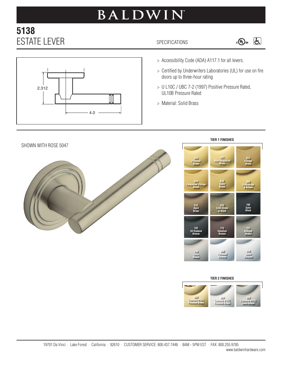 Baldwin 5138 Estate Lever User Manual | 1 page