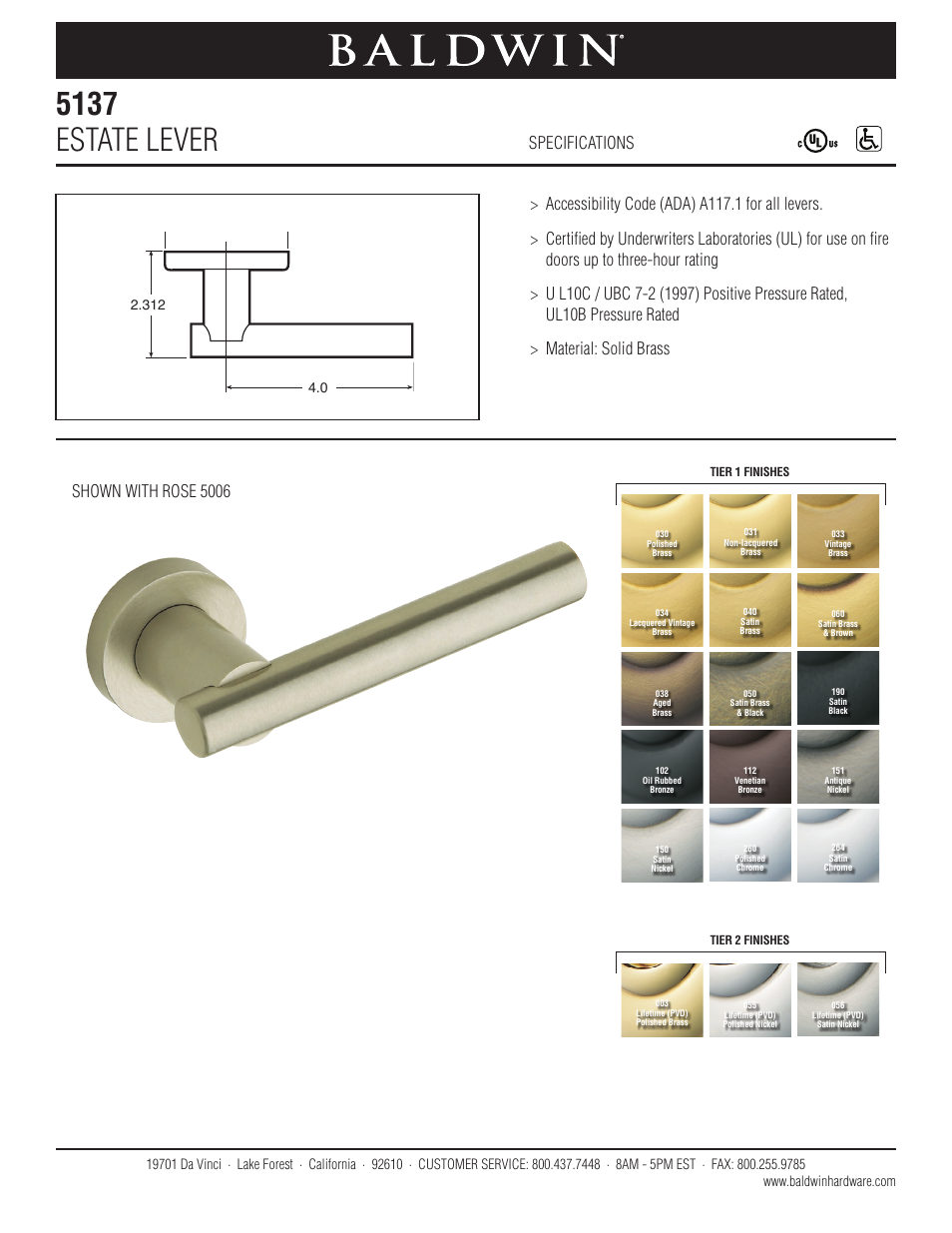 Baldwin 5137 Estate Lever User Manual | 1 page