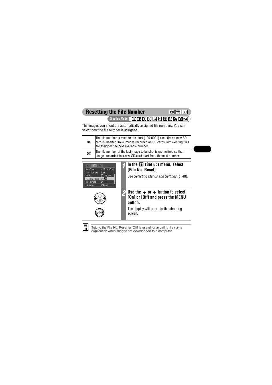 Resetting the file number | Canon IXUS 50 User Manual | Page 113 / 196