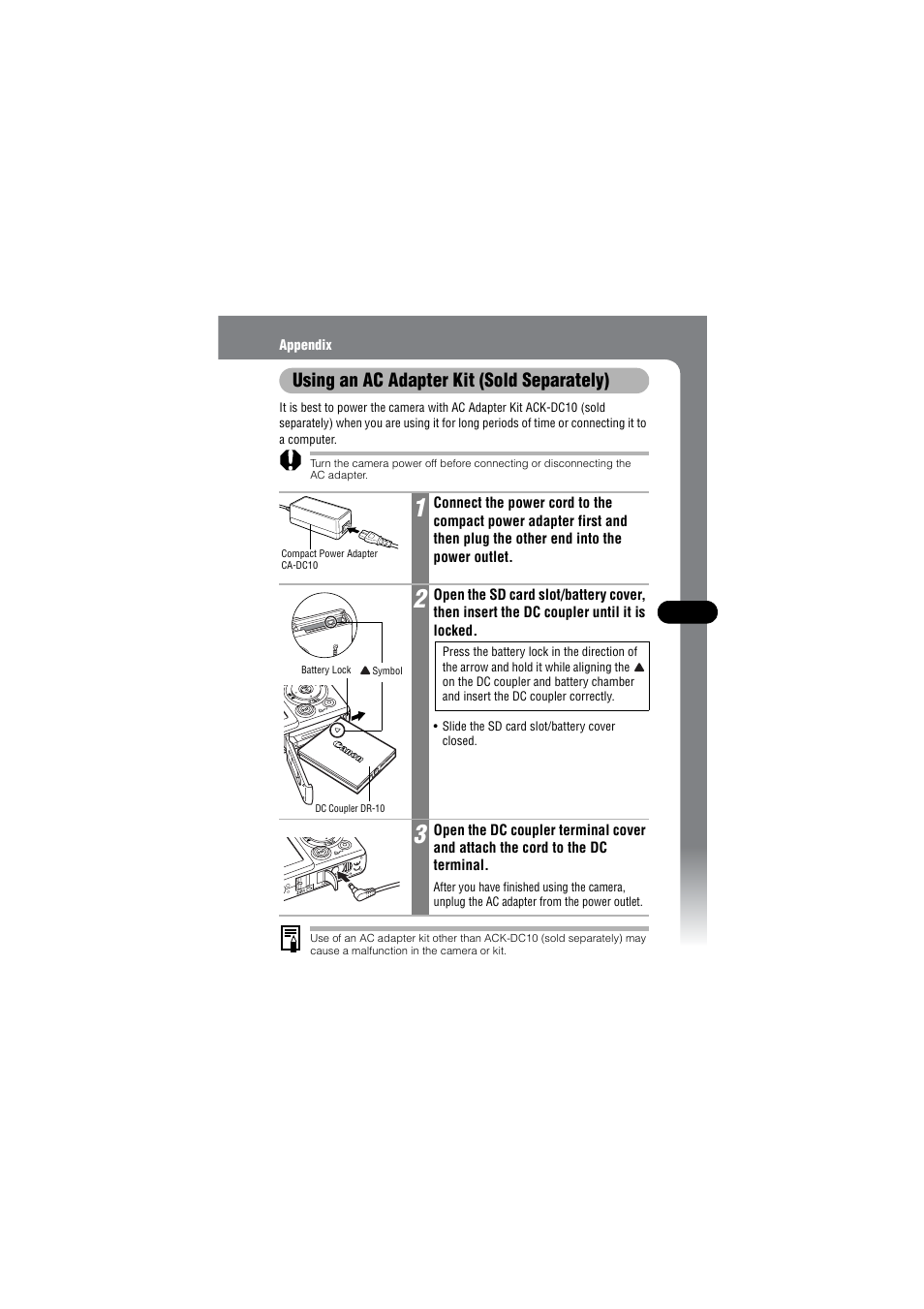 Using an ac adapter kit (sold separately) | Canon IXUS 50 User Manual | Page 171 / 196