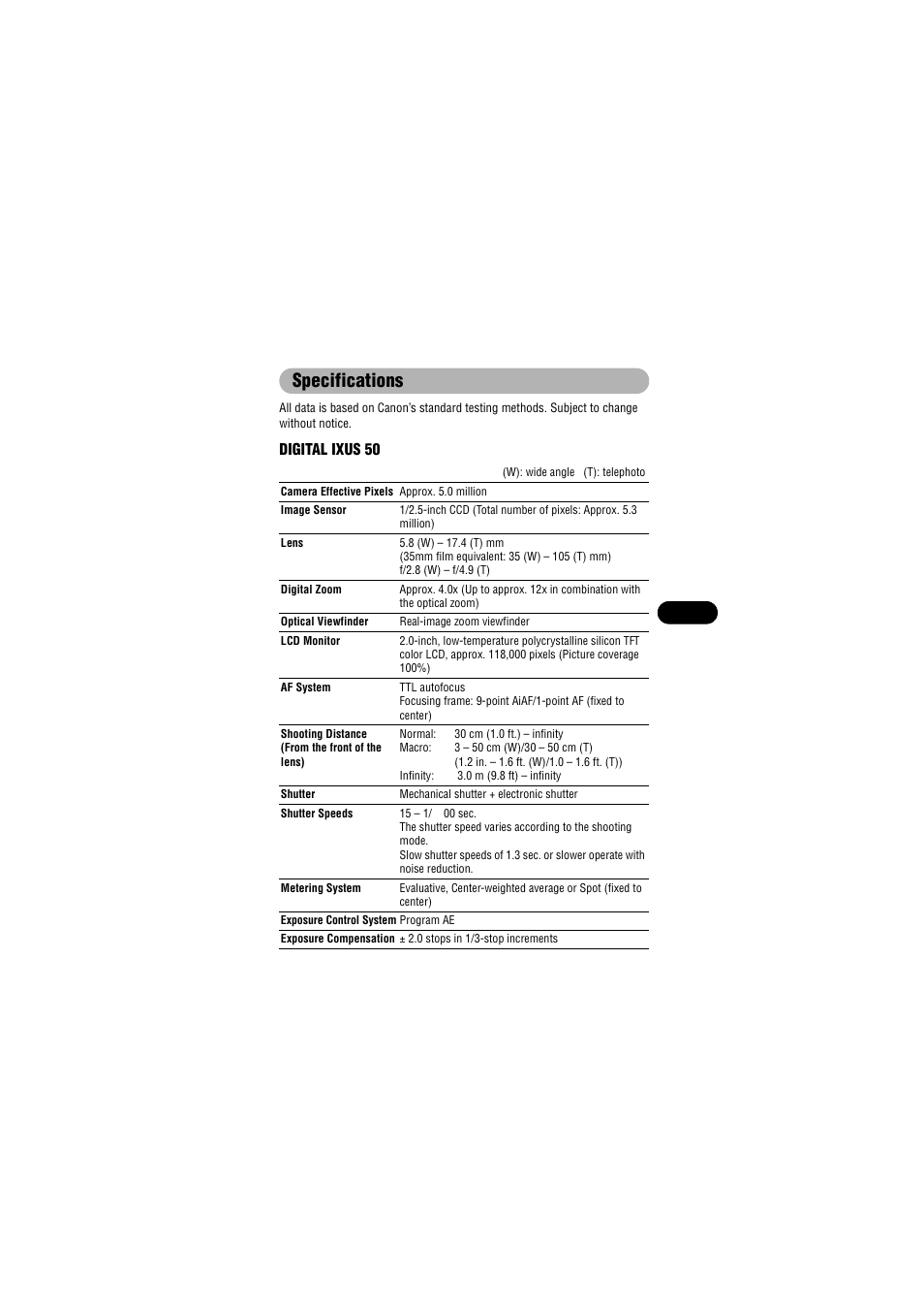 Specifications | Canon IXUS 50 User Manual | Page 175 / 196