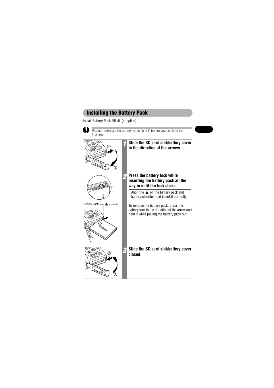 Installing the battery pack | Canon IXUS 50 User Manual | Page 23 / 196