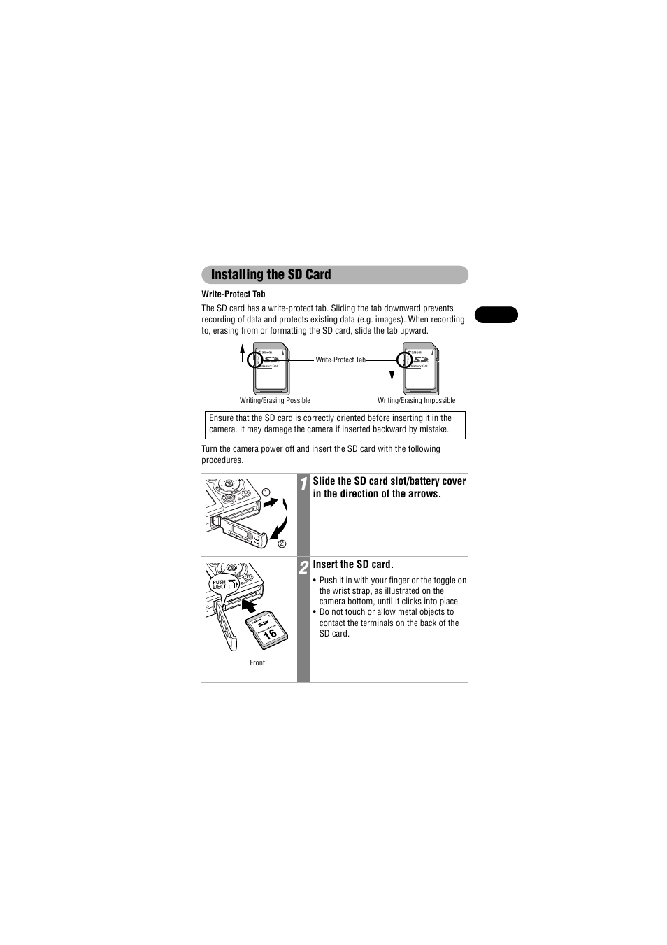 Installing the sd card | Canon IXUS 50 User Manual | Page 25 / 196