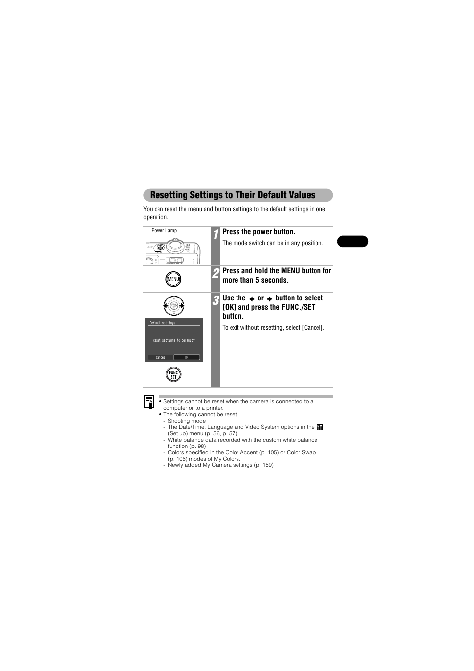 Resetting settings to their default values | Canon IXUS 50 User Manual | Page 61 / 196