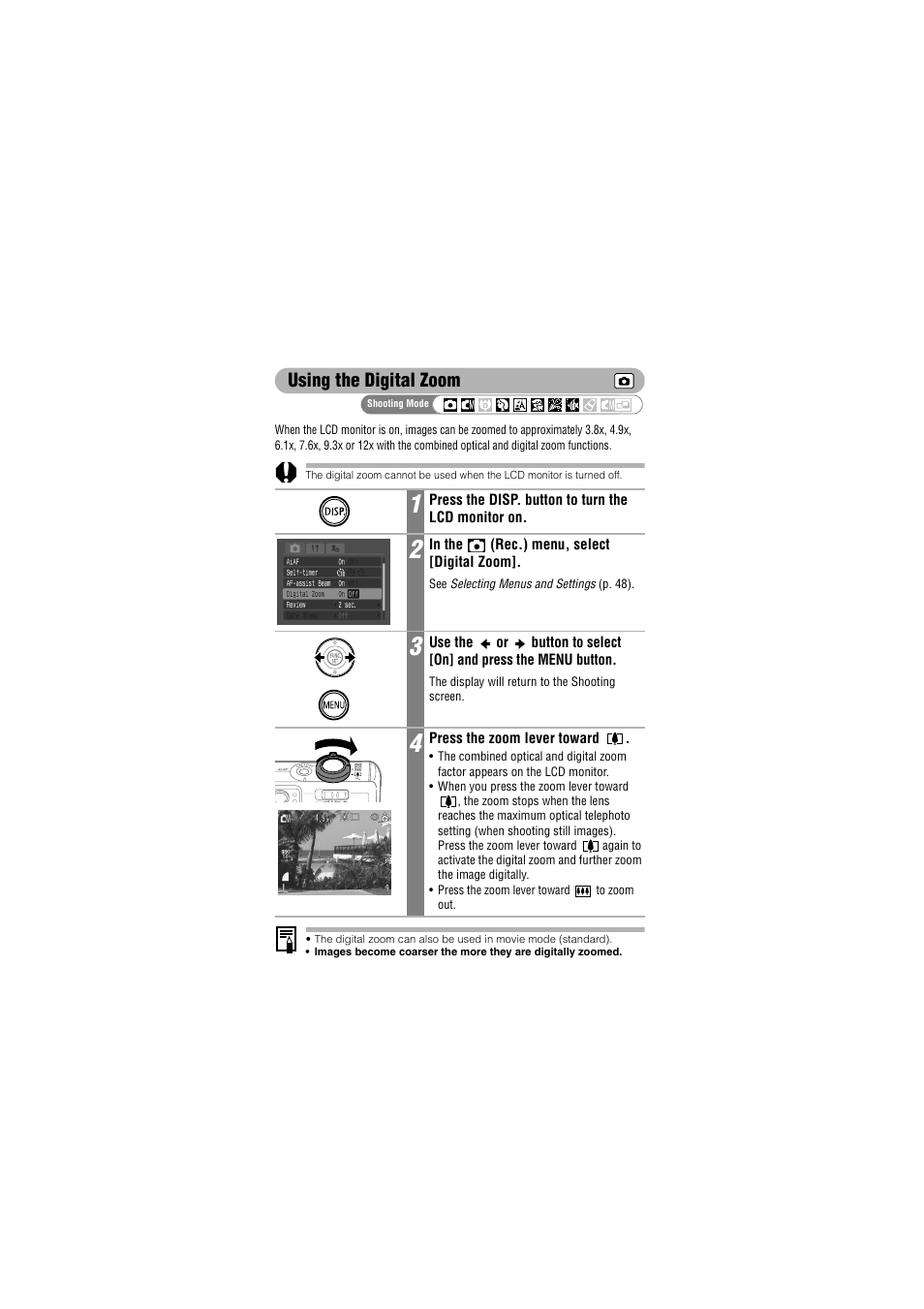 Using the digital zoom | Canon IXUS 50 User Manual | Page 76 / 196