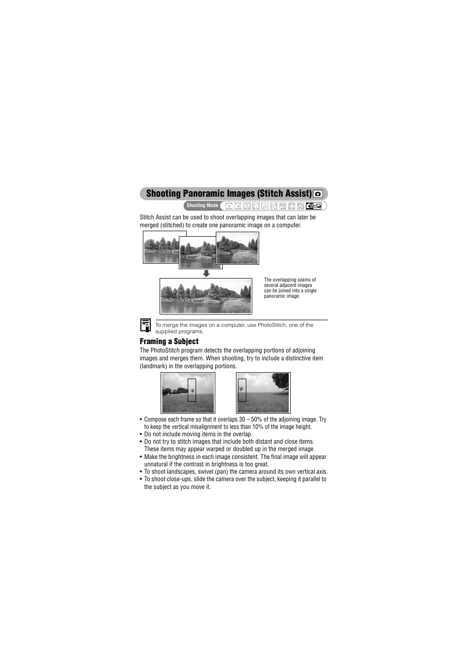 Shooting panoramic images (stitch assist) | Canon IXUS 50 User Manual | Page 88 / 196