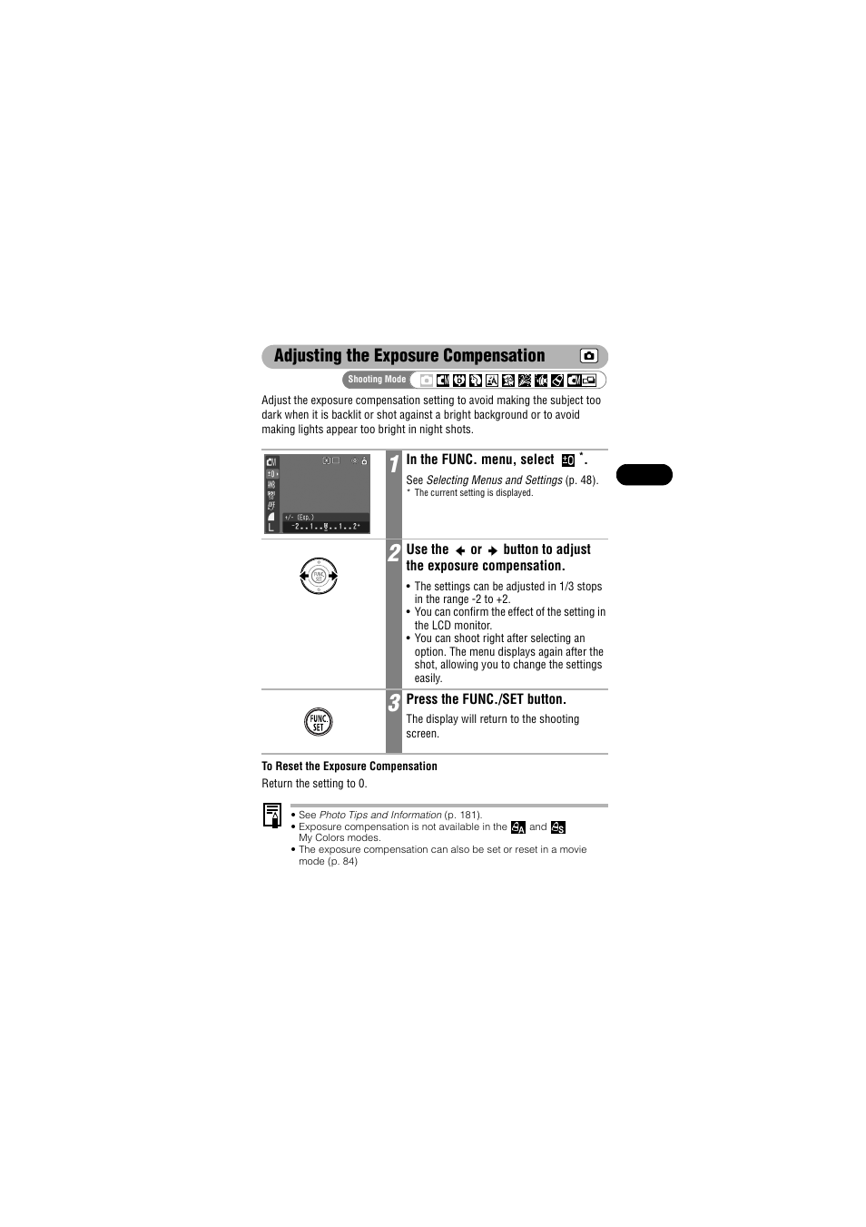 Adjusting the exposure compensation | Canon IXUS 50 User Manual | Page 97 / 196
