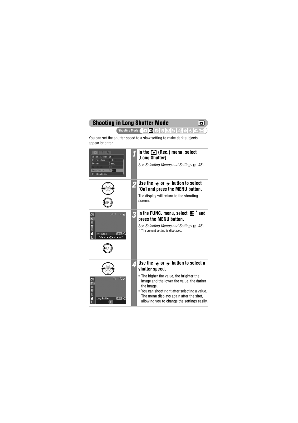 Shooting in long shutter mode | Canon IXUS 50 User Manual | Page 98 / 196