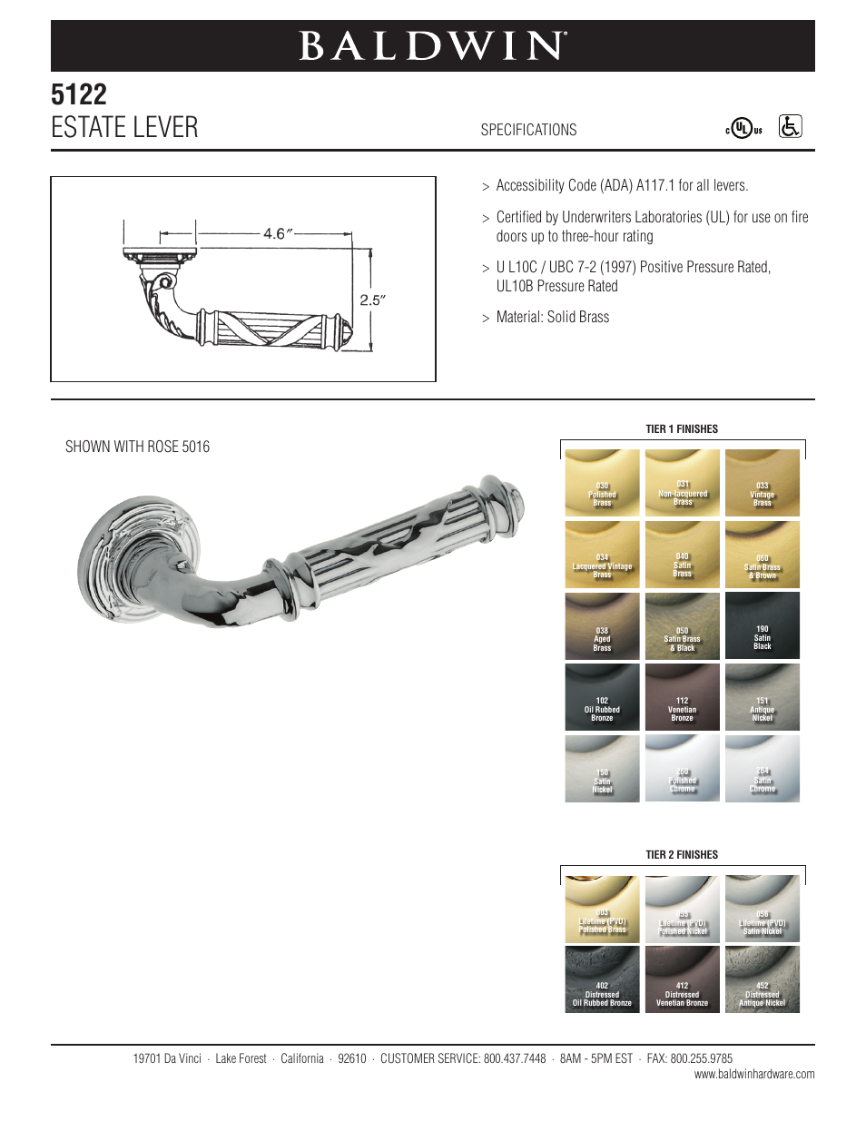 Baldwin 5122 Estate Lever User Manual | 1 page