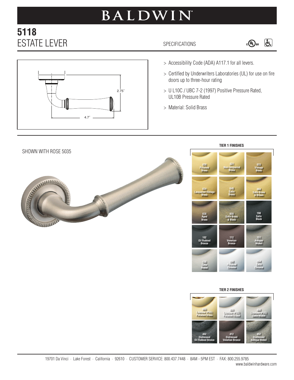 Baldwin 5118 Estate Lever User Manual | 1 page
