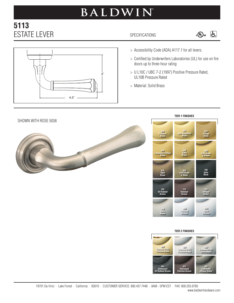 Baldwin 5113 Estate Lever User Manual | 1 page