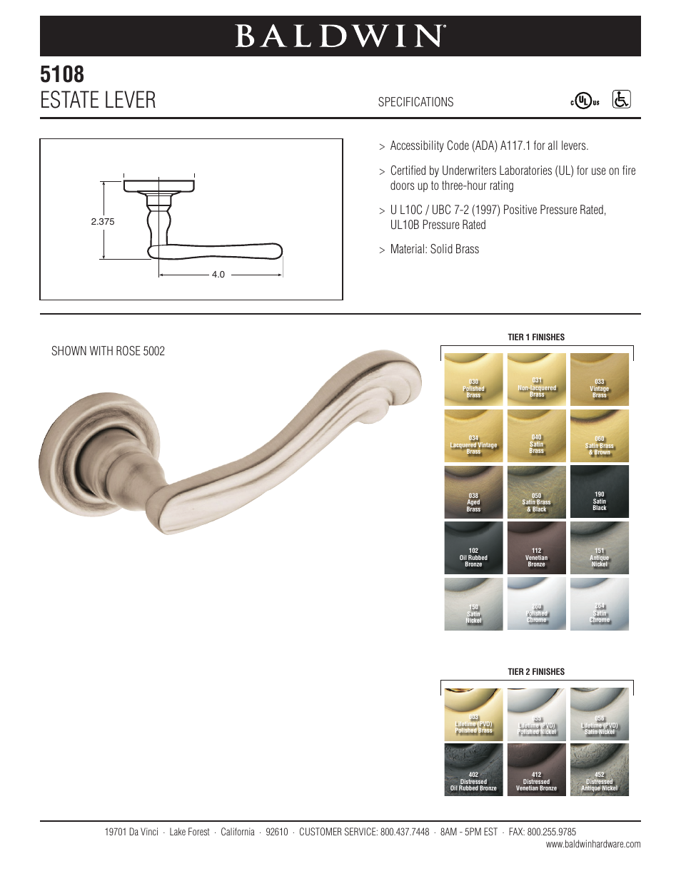 Baldwin 5108 Estate Lever User Manual | 1 page